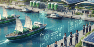 Sustainable maritime industry concept: Green port powered by wind turbines and solar panels, eco-fueled cargo ships, professionals collaborating with AR interfaces, emphasizing the circular economy.