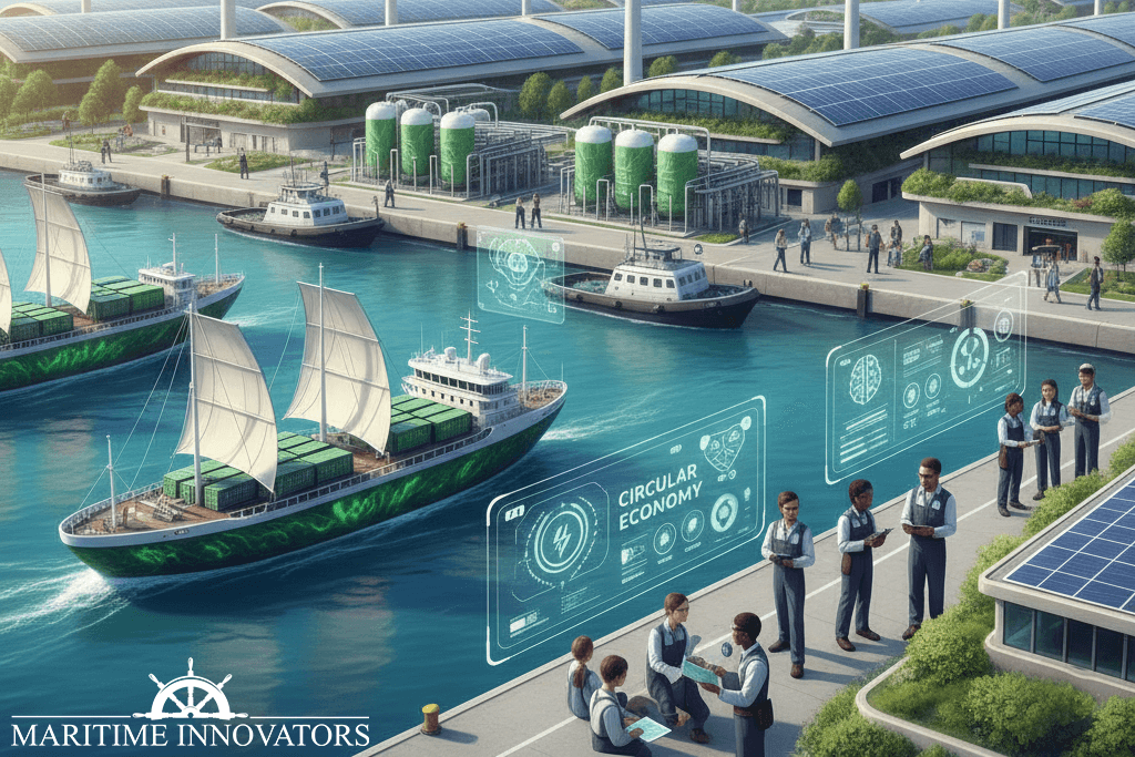 Sustainable maritime industry concept: Green port powered by wind turbines and solar panels, eco-fueled cargo ships, professionals collaborating with AR interfaces, emphasizing the circular economy.